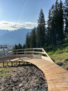 Eine geschwungene hölzerne Wegplattform auf einem grasbewachsenen Hügel, gesäumt von hohen Kiefern, bietet unter einem klaren Himmel Ausblick auf die Berge in der Ferne.