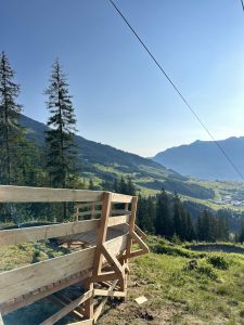 Von einer Holzbank aus hat man unter einem klaren blauen Himmel an einem sonnigen Tag Ausblick auf ein üppig grünes Tal mit verstreuten Häusern, Kiefern und Bergen in der Ferne und fängt so perfekt den Geist der Mountainbike-Bewegung entlang der malerischen Strecke ein.
