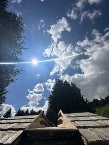 Eine helle Sonne scheint an einem blauen Himmel mit vereinzelten Wolken über einem Holzdach, umgeben von hohen immergrünen Bäumen, grünen Hügeln und einer kurvenreichen Mountainbike-Strecke, die perfekt für jeden Mountainbike-Enthusiasten ist.