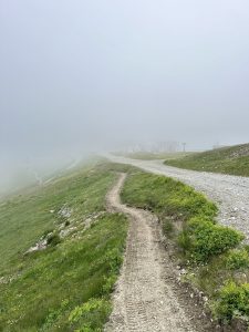 Ein schmaler Feldweg und eine breitere Schotterstraße schlängeln sich durch eine grasbewachsene Landschaft, ideal für Mountainbike-Abenteuer, und führen in dichten, tief hängenden Nebel. Etwas grüne Vegetation und kleine Felsen säumen die Wege.