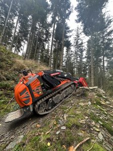 Ein orangefarbener Cormidi-Ketten-Minilader steht auf einem steilen, felsigen Waldhang neben einem schroffen Mountainbike-Pfad, umgeben von hohen Kiefern und üppigem Grün.
