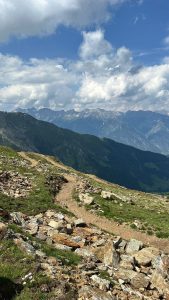 Felsiger Bergpfad, der sich durch grasbewachsene Hänge schlängelt, perfekt für MTB-Fans, mit baumbedeckten Hügeln in der Ferne und schneebedeckten Gipfeln unter einem teilweise bewölkten blauen Himmel.