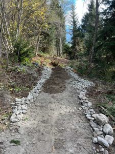 Ein Feldweg im Wald ist beidseitig von Felsen gesäumt. Bäume mit grünen und gelben Blättern säumen den Weg, und vor uns liegt unter einem leicht bewölkten Himmel ein Erdhügel – perfekt für Mountainbiker.