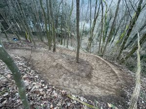 Ein unbefestigter Mountainbike-Trail mit einer scharfen, steilen Kurve schlängelt sich durch einen laubbedeckten Wald an einem Hang. An einem bewölkten Tag prägen kahle Bäume und verstreute Blätter die Szenerie.