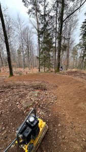 Eine gelbe Rüttelplatte steht auf einem frisch gerodeten Mountainbike-Trail in einem kahlen Wald. Bäume und brauner Boden umgeben die Szene. In der Ferne sind zwischen den Bäumen eine Person und ihre Ausrüstung zu sehen.