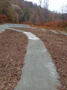 Ein gewundener Schotterweg schlängelt sich durch eine braune, frisch gerodete Fläche mit Herbstbäumen und Hügeln im Hintergrund unter einem bewölkten Himmel – perfekt für eine abenteuerliche MTB-Tour.