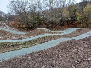 Ein gewundener Pumptrack aus unbefestigtem Untergrund, perfekt für Mountainbike-Fans, mit sanften, erhabenen Hügeln und Kurven, umgeben von kahlen Bäumen und Herbstlaub in einer natürlichen Umgebung im Freien.